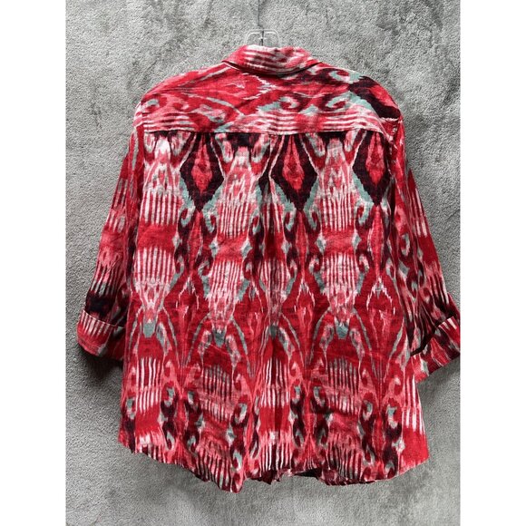 Jones New York Women’s XL Linen Button Top Red Abstract Aztec 3/4 Sleeve Blouse - Picture 4 of 5